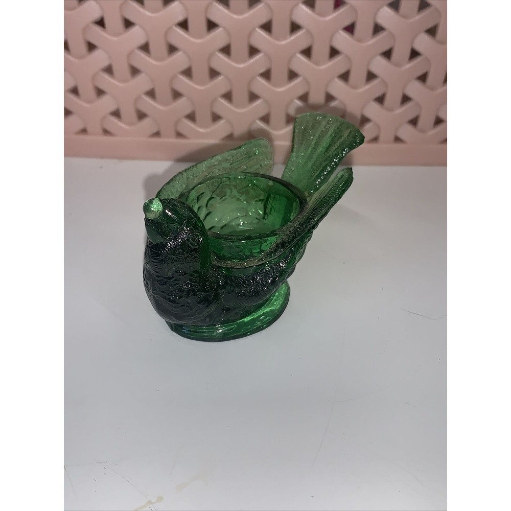 DEGENHART GLASS BIRD W/ Cherry OPEN SALT CELLAR, DIP, Green